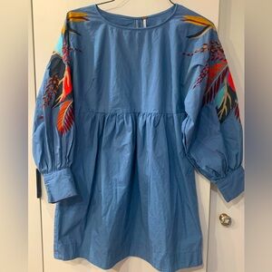 Free People Mini Obsessions Embroidered Sleeve Mini Dress Blue S